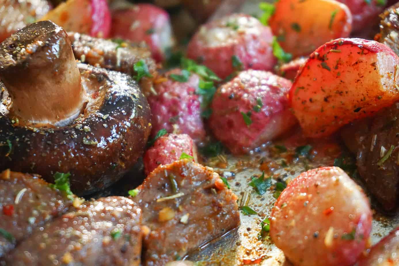 roasted radishes, steak and mushrooms