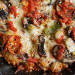 low carb casserole pizza in cast iron skillet